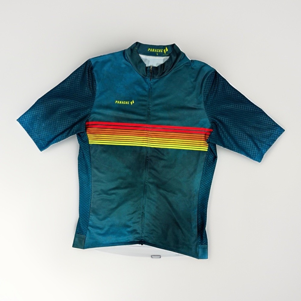 Panache Cycling Jersey Men's Large Teal Rainbow Stripe Short Sleeve Full Zip